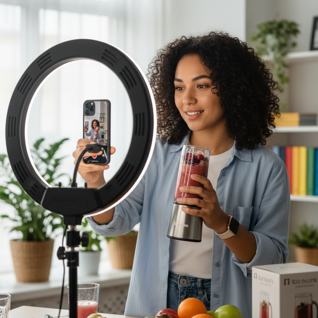 Content creator filming with smartphone and ring light
