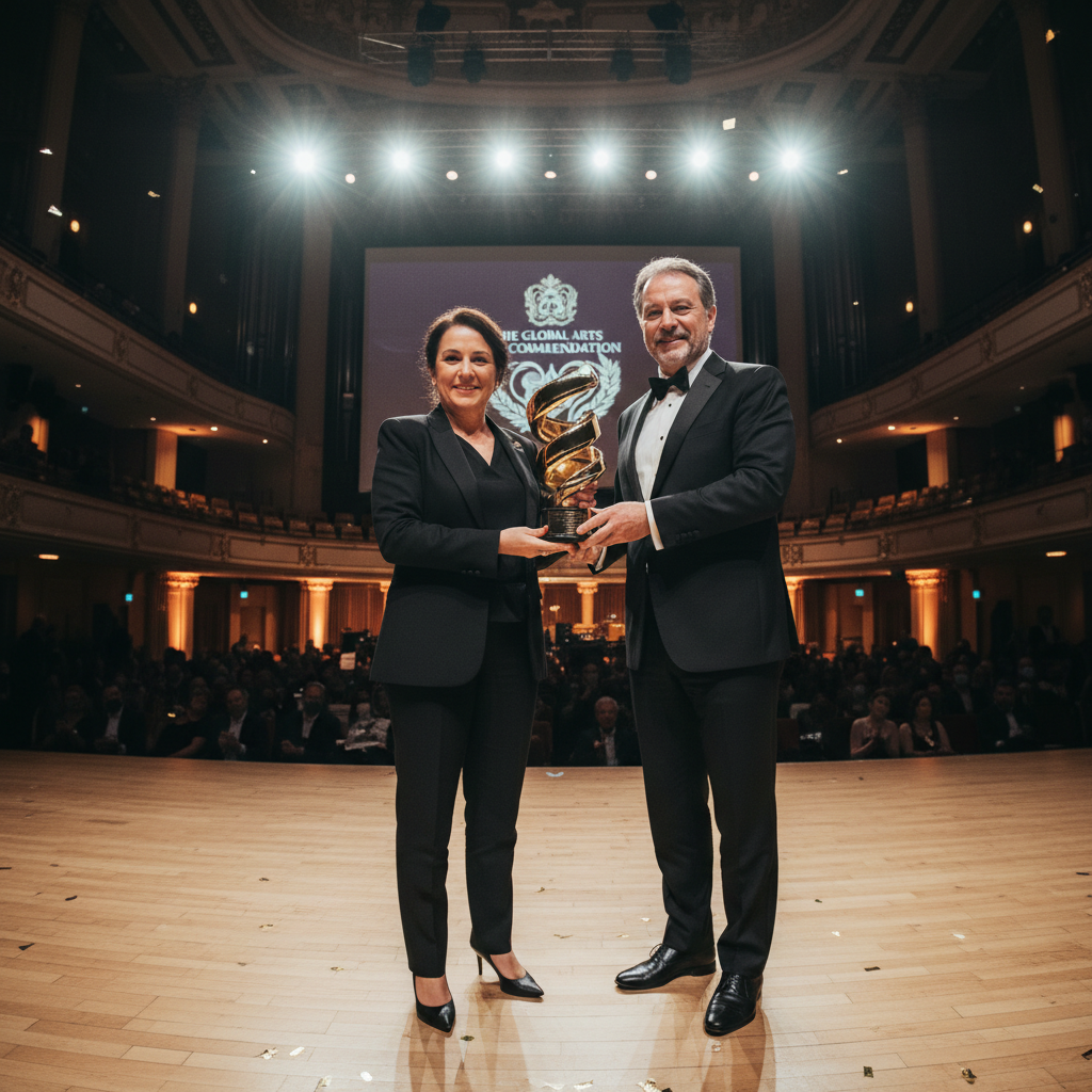 Award winner receiving trophy on stage
